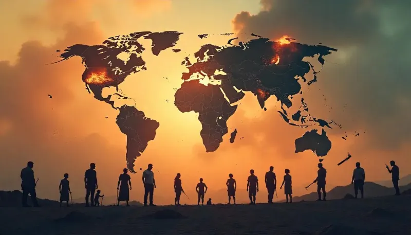 Ilustración de un mapa del mundo con zonas de guerra destacadas y siluetas de personas observando el impacto global de la guerra.